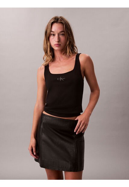 Camiseta Negra De Tirantes Acanalada Con Monograma Calvin Klein