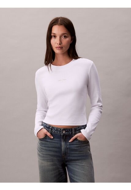 Camiseta Blanca Manga Larga Ajustada Con Monograma Calvin Klein