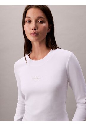 Camiseta Blanca Manga Larga Ajustada Con Monograma Calvin Klein