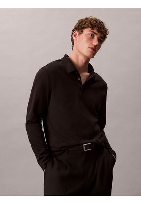 Polo Negro Manga Larga De Algodón Premium Con Tejido Interlock Calvin Klein