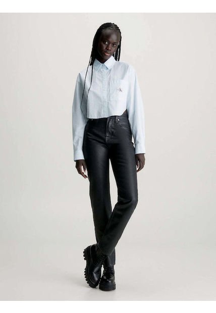 Camisa Celeste Cropped De Popelín De Algodón Calvin Klein