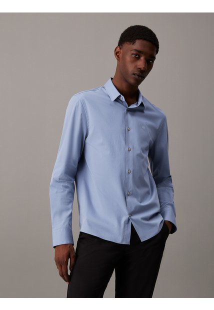 Camisa Azul Slim De Popelín Elástico Calvin Klein