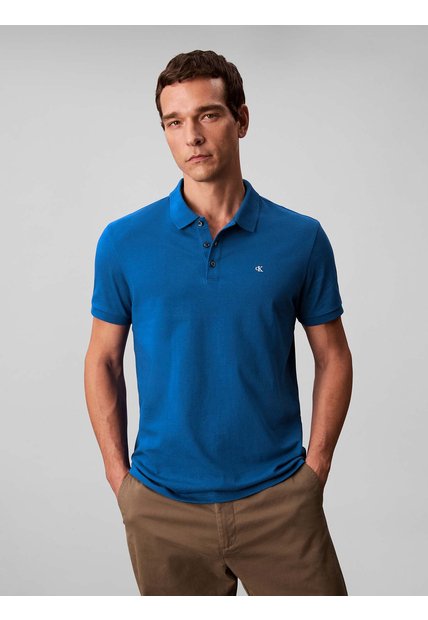 Polo Azul Clásico Con Monograma Bordado Calvin Klein