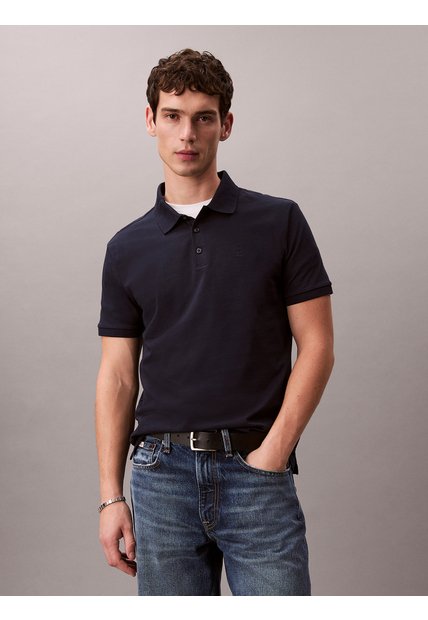 Polo Azul Clásico Con Monograma Bordado Calvin Klein