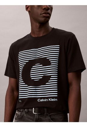 Camiseta Negra De Manga Corta Con Estampado Gráfico A Rayas Calvin Klein