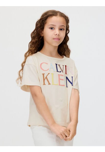 Camiseta Blanca De Manga Corta Con Logo Bordado Multicolor Calvin Klein