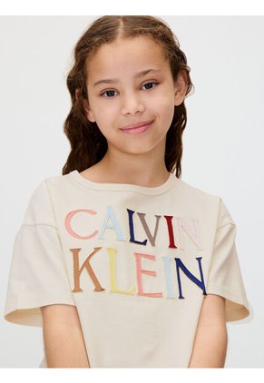 Camiseta Blanca De Manga Corta Con Logo Bordado Multicolor Calvin Klein