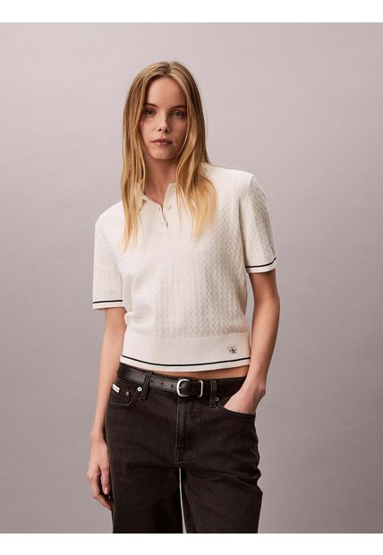 Saco Beige Cropped Tipo Polo Manga Corta De Tejido Cable Calvin Klein
