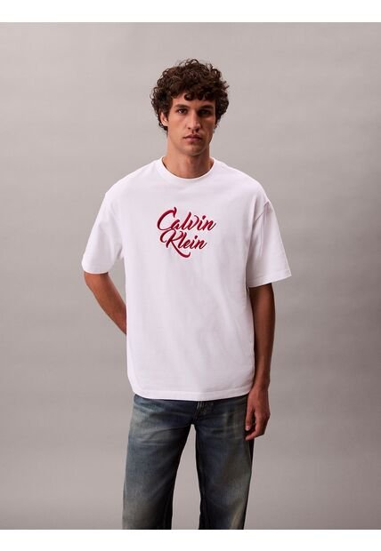 Camiseta Blanca De Algodón Grueso Con Logo Cursivo Calvin Klein