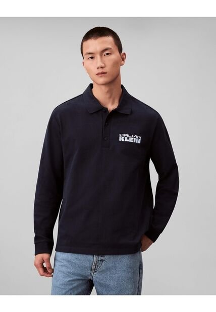 Polo Azul De Manga Larga Con Tejido Sacos / Saco Tejido Grueso Aterciopelado Calvin Klein