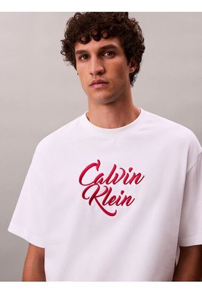 Camiseta Blanca De Algodón Grueso Con Logo Cursivo Calvin Klein