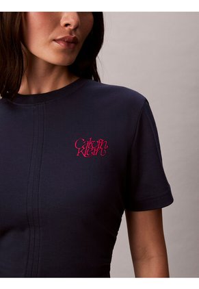 Camiseta Azul De Manga Corta Con Logo Estampado Manuscrito Calvin Klein