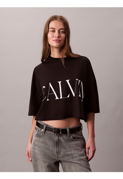 Camiseta Negra Cropped Con Logo Gráfico Calvin Klein