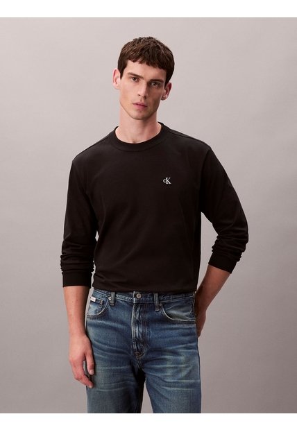 Camiseta Negra De Manga Larga Con Monograma Calvin Klein