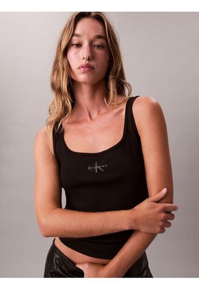 Camiseta Negra De Tirantes Acanalada Con Monograma Calvin Klein