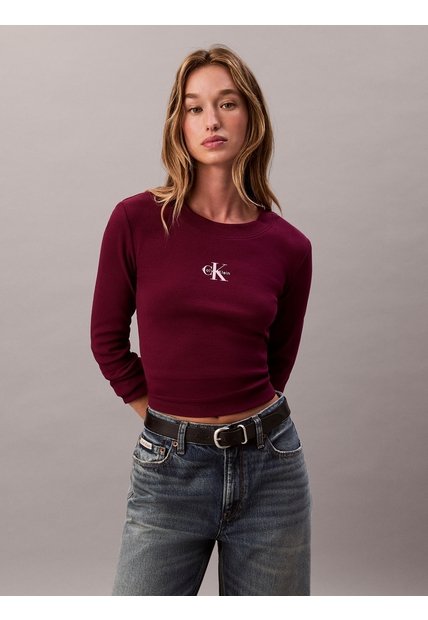Camiseta Roja Manga Larga Ajustada Con Monograma Calvin Klein
