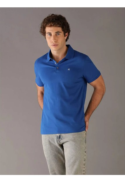 Polo Azul Clásico Con Monograma Bordado Calvin Klein