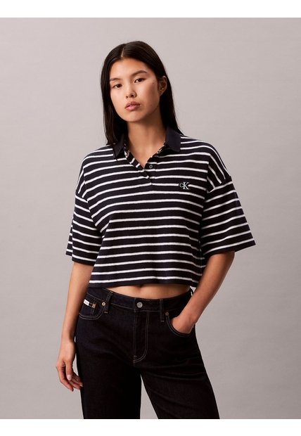 Polo Azul Cropped De Piqué A Rayas Calvin Klein