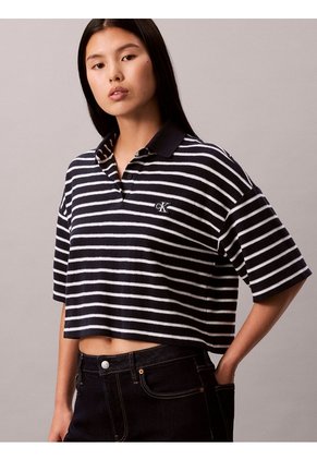 Polo Azul Cropped De Piqué A Rayas Calvin Klein