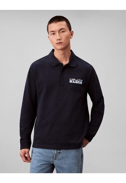 Polo Azul De Manga Larga Con Tejido Sacos / Saco Tejido Grueso Aterciopelado Calvin Klein