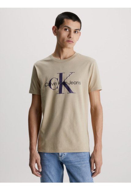 Camiseta Slim Con Monograma Hombre Beige Calvin Klein