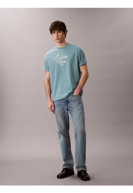 Camiseta Azul De Algodón Grueso Con Logo Cursivo Calvin Klein