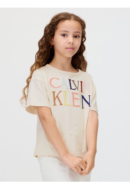 Camiseta Blanca Para Niña De Manga Corta Con Logo Bordado Multicolor Calvin Klein