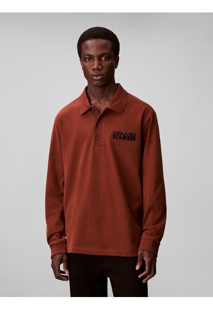Polo Café De Manga Larga Con Tejido Sacos / Saco Tejido Grueso Aterciopelado Calvin Klein