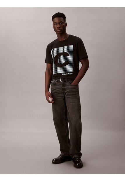 Camiseta Negra De Manga Corta Con Estampado Gráfico A Rayas Calvin Klein