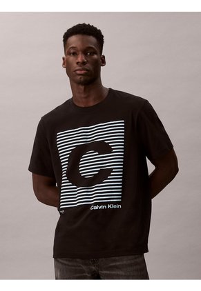 Camiseta Negra De Manga Corta Con Estampado Gráfico A Rayas Calvin Klein
