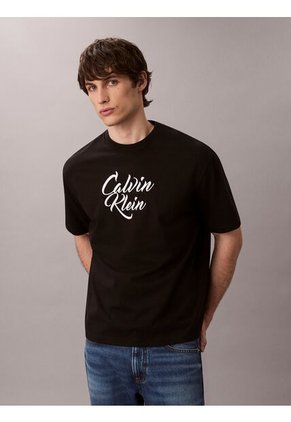 Camiseta Negra De Algodón Grueso Con Logo Cursivo Calvin Klein