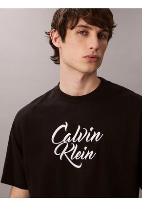 Camiseta Negra De Algodón Grueso Con Logo Cursivo Calvin Klein