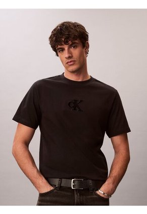 Camiseta Negra De Manga Corta Con Monograma Estampado Calvin Klein