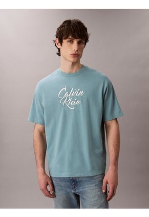 Camiseta Azul De Algodón Grueso Con Logo Cursivo Calvin Klein
