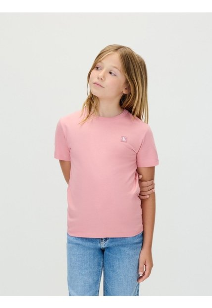 Camiseta Rosada Para Niño De Manga Corta Con Insignia De Logo Bordada Calvin Klein