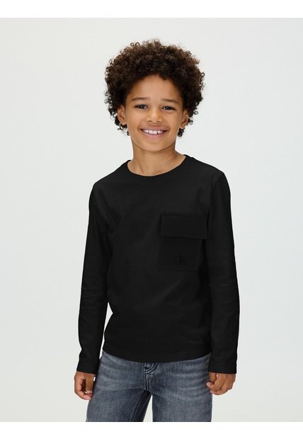 Camiseta Negra Para Niño De Manga Larga Con Bolsillo En El Pecho Calvin Klein