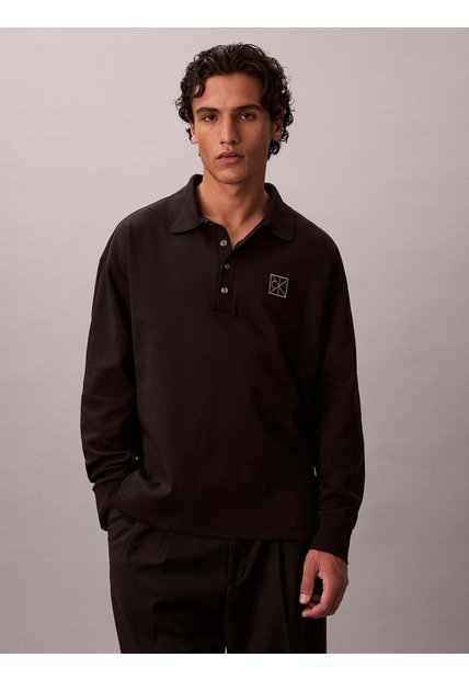 Polo Negro Manga Larga De Canalé Doble Cara Calvin Klein
