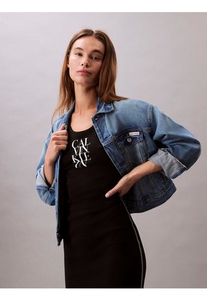 Vestido Negro De Tirantes De Canalé Con Logo Gráfico Calvin Klein