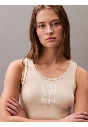 Vestido Beige De Tirantes De Canalé Con Logo Gráfico Calvin Klein
