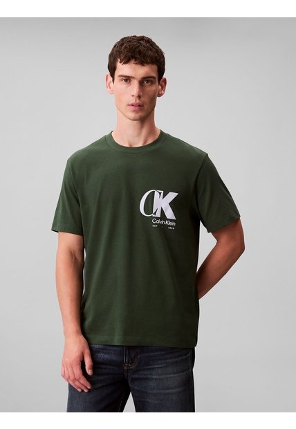 Camiseta Verde Con Estampado De Logo Con Efecto Entrelazado Calvin Klein