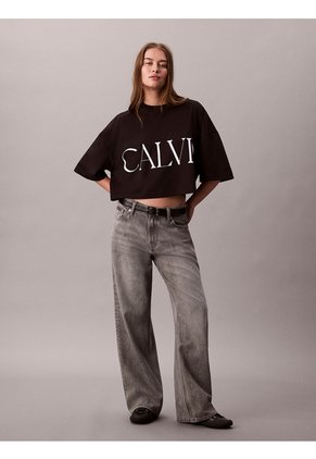 Camiseta Negra Cropped Con Logo Gráfico Calvin Klein