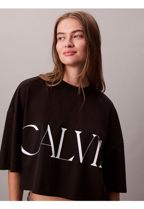 Camiseta Negra Cropped Con Logo Gráfico Calvin Klein