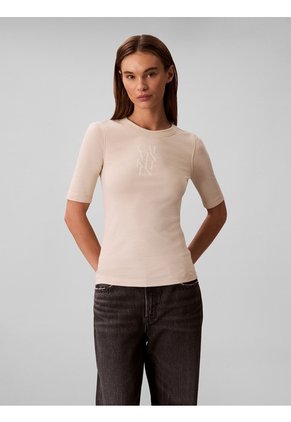 Camiseta Beige De Algodón Con Logotipo Calvin Klein