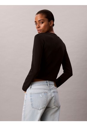 Camiseta Negra Manga Larga Ajustada Con Monograma Calvin Klein