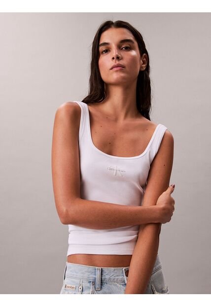 Camiseta Blanca De Tirantes Acanalada Con Monograma Calvin Klein