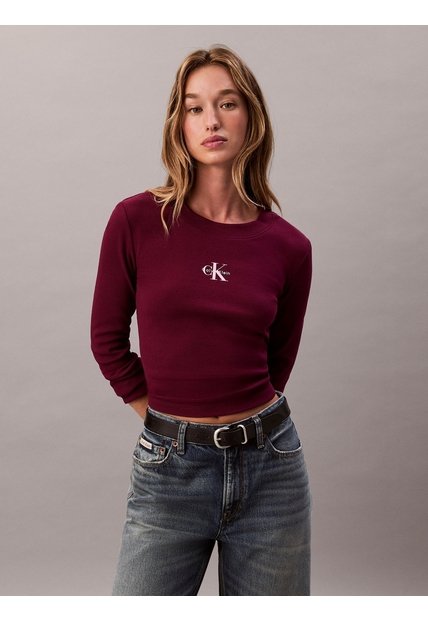 Camiseta Roja Manga Larga Ajustada Con Monograma Calvin Klein