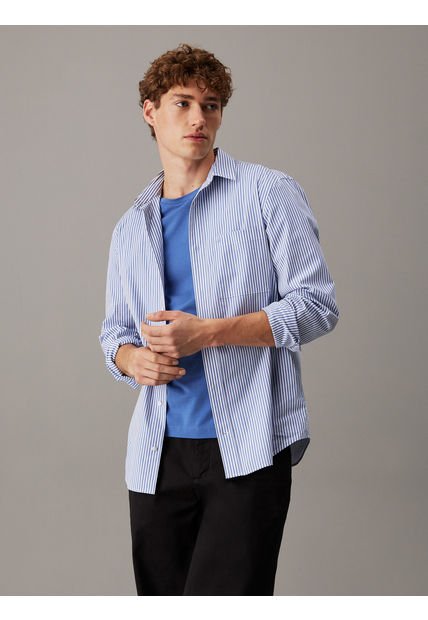 Camisa Celeste Elástica A Rayas De Popelina Calvin Klein
