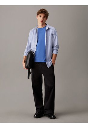 Camisa Celeste Elástica A Rayas De Popelina Calvin Klein