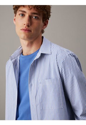 Camisa Celeste Elástica A Rayas De Popelina Calvin Klein