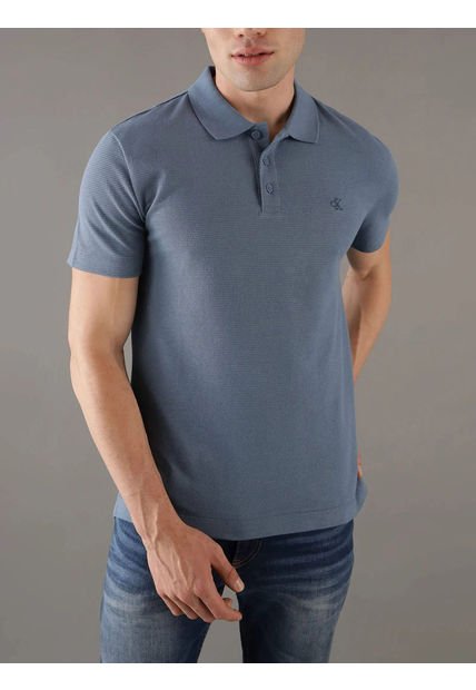 Polo Azul Textured Con Monograma Calvin Klein